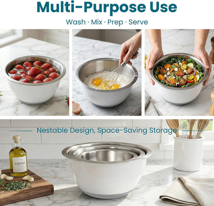 Rorence Mixing Bowls Set with Lids, 18/8 Stainless Steel Mixing Bowls with Non-Slip Silicone Base & Measurement Marks, Airtight Food Storage for Baking, Cooking & Meal Prep,1.5QT/3QT/5QT/Blue
