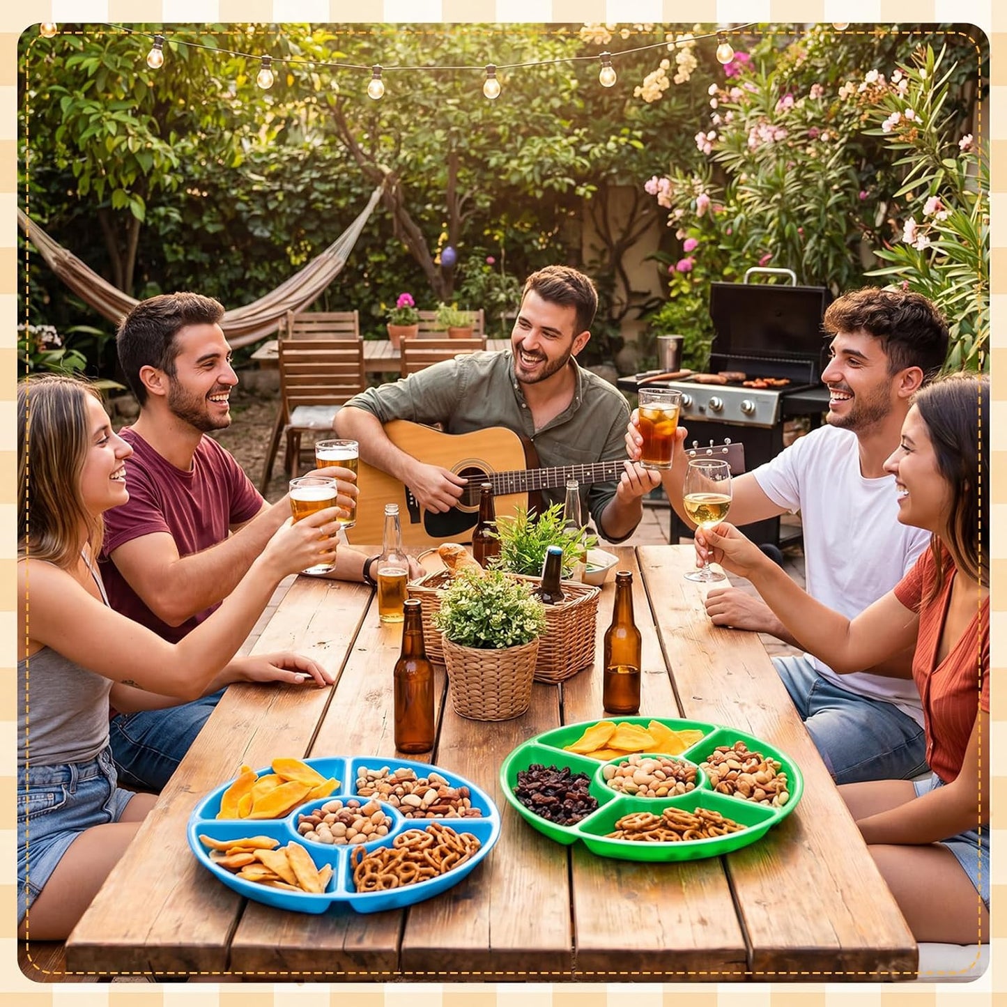 24 Pcs 5 Sectional Plastic Divided Serving Trays Bulk 12 Inch Round Chip and Dip Plates Fruit Veggie Appetizer Platter Snack Tray for Holiday Party Family Gathering(Black)
