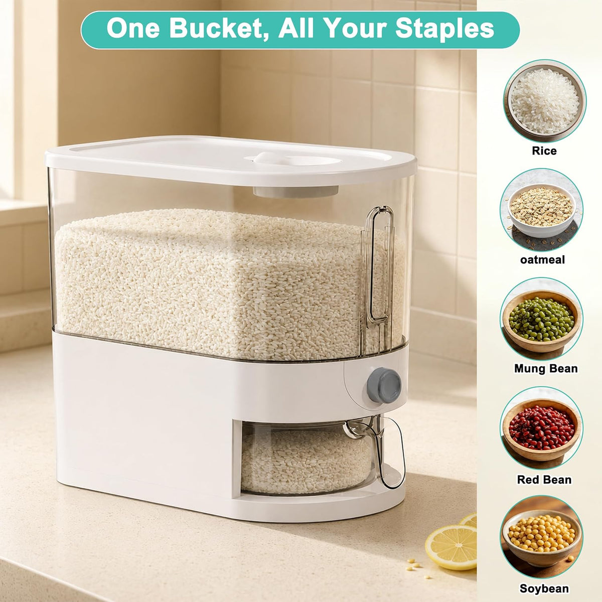 10LBS Rice Dispenser,Transparent Rice Container Storage with Measuring Cup,Food Grain Dispenser for Dry Goods, Multi-Purpose Kitchen Pantry Storage Box