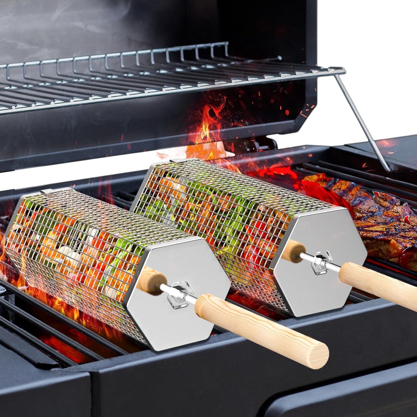 ivtivfu Rolling Grill Basket, Removable Wooden Handle, 304 Stainless Steel, Nesting Grilling Tools, Smoker BBQ Accessories for Vegetable, Outdoor Cooking Camping, Birthday Gifts for Men Dad Husband
