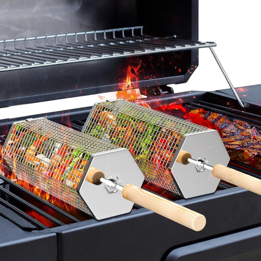 ivtivfu Rolling Grill Basket, Removable Wooden Handle, 304 Stainless Steel, Nesting Grilling Tools, Smoker BBQ Accessories for Vegetable, Outdoor Cooking Camping, Birthday Gifts for Men Dad Husband