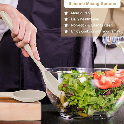 E-far Silicone Cooking Spoon Set of 2, Heat Resistant Kitchen Spoons Utensils Nonstick Mixing Spoon for Baking Stirring Serving, Non-Toxic & Dishwasher Safe (Khaki)