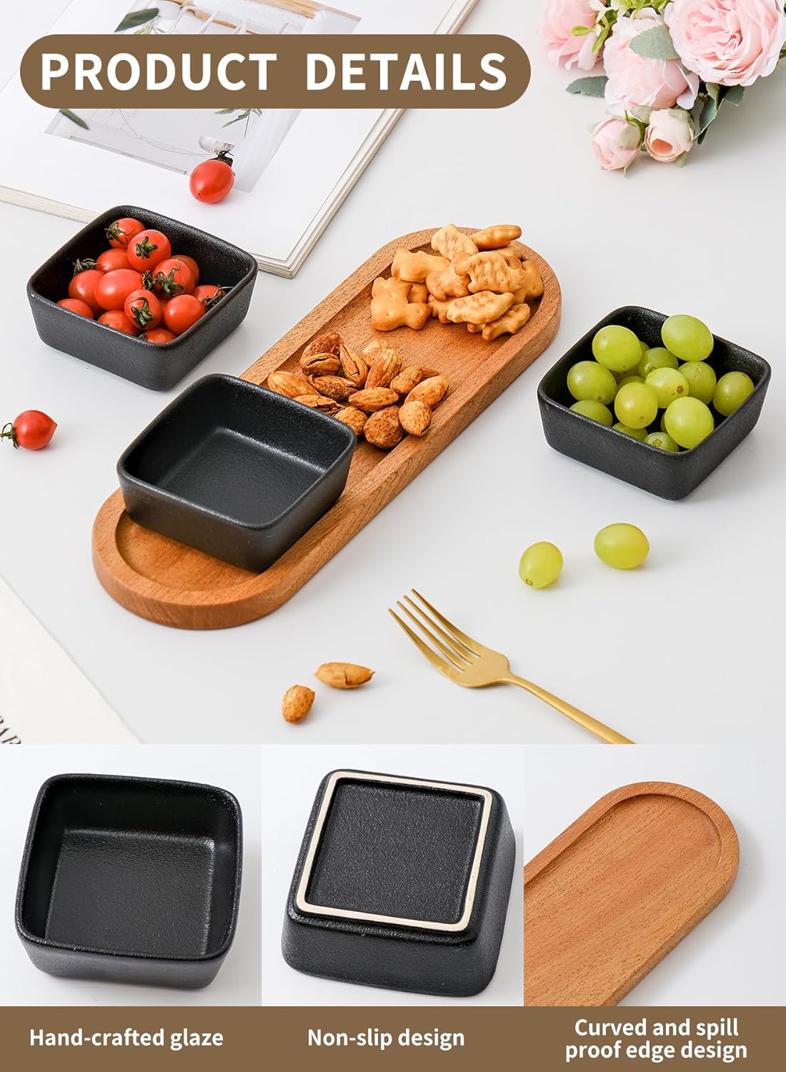 Chip and Dip Serving Set, Ceramic Dipping Sauce Bowls with Wooden Tray, 3.5 inch Side Dishes Set of 3 for Entertaining, Party, Buffets, Appetizers, Snacks and Sushi, Blue