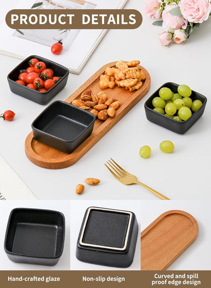 Chip and Dip Serving Set, Ceramic Dipping Sauce Bowls with Wooden Tray, 3.5 inch Side Dishes Set of 3 for Entertaining, Party, Buffets, Appetizers, Snacks and Sushi, Blue