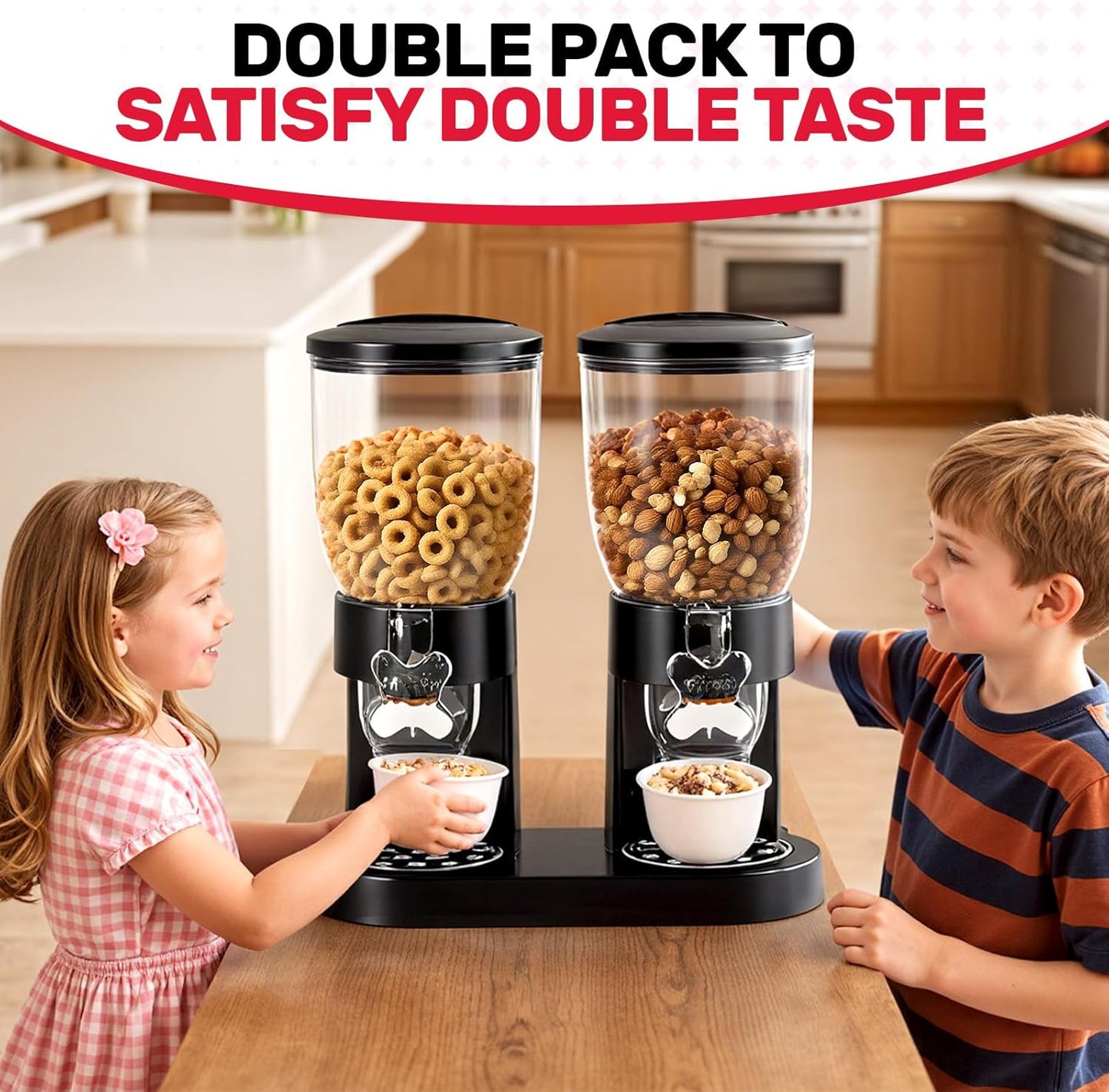 Triple Cereal Dispenser Countertop 2L, Airtight Cereal Containers Storage, Large Capacity Total 6L for Kitchen Pantry, Rotating Dry Food Dispenser for Candy, Nut, Coffee Beans, White