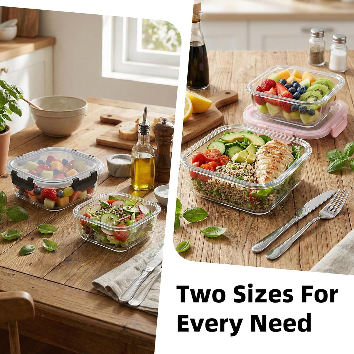 Konokyo Square Glass Food Storage Containers with Lids, 12 Pack Airtight Leakproof Meal Prep Containers, BPA-Free, Microwave Oven Freezer & Dishwasher Safe, Assorted Sizes