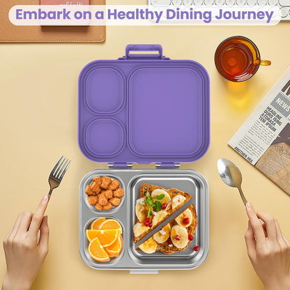 Pawtong Stainless Steel Bento Lunch Box for Kids | 3-Compartment Lunch Box Container Kids | 100% Leakproof, Eco-Friendly, Perfect Portion Control for Kids&Adult Healthy Meals (Purple)
