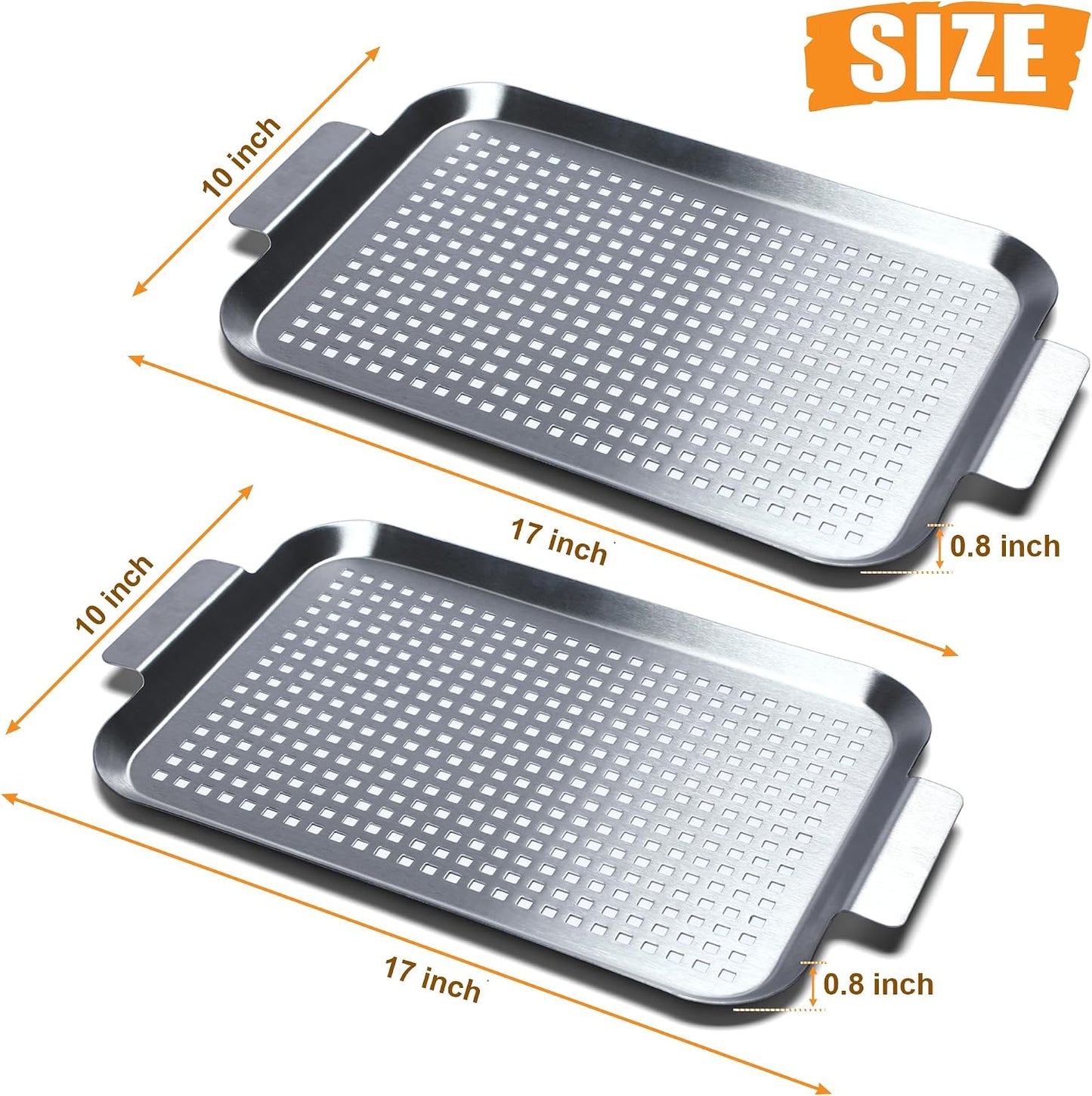 Grill Pan Set of 2, BBQ Grill Topper for Outdoor Grill, Stainless Steel Grilling Baskets with Holes and Handles, Perforated Food Tray Barbecue Accessories for Vegetable, Fish, Meat, Seafood