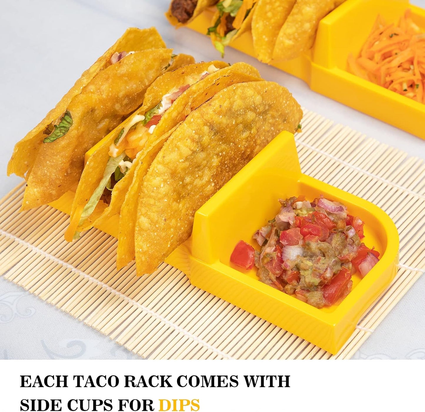 Taco Bar Serving Set for a Party - Taco Tuesday Kit of 4 personal Taco Holders, Taco Night for Burritos, Nachos, 7 compartments for Taco Toppings