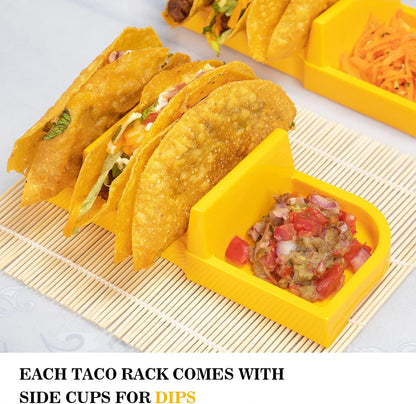 Taco Bar Serving Set for a Party - Taco Tuesday Kit of 4 personal Taco Holders, Taco Night for Burritos, Nachos, 7 compartments for Taco Toppings