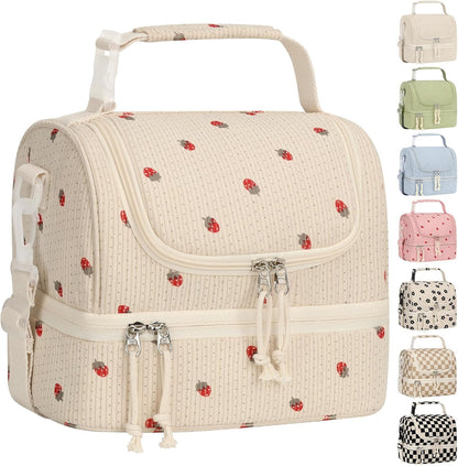 Vankor Corduroy Lunch Box Kids Insulated Lunch Bag Double Decker, Cute Leak-Proof Lunch Box for Boys Girls, Portable Cooler Lunch Bag Thermal Lunch Tote for School Picnic Travel, Light Blue