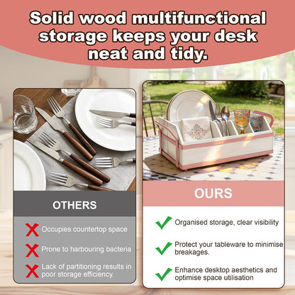 Large Kitchen Utensil Holder Caddy, 6 Compartments Wooden Utensils Organizer for Cooking Utensils, Silverware, Paper Plate, Spoon, Fork, Cutlery Storage on Kitchen Countertop for Party Hosting
