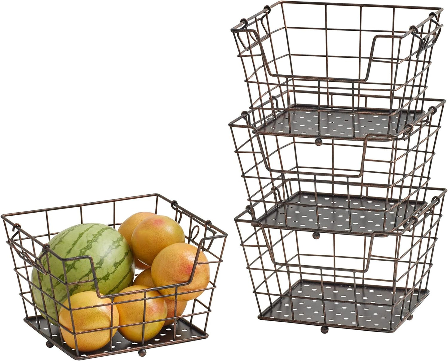 Mikasa Gourmet Basics Ferme 4-Tier Market Basket - Antique Black Wire and Acacia Wood Handle, Kitchen Fruit Vegetable Storage Organizer, 13.5 x 11.5 x 51 Inches