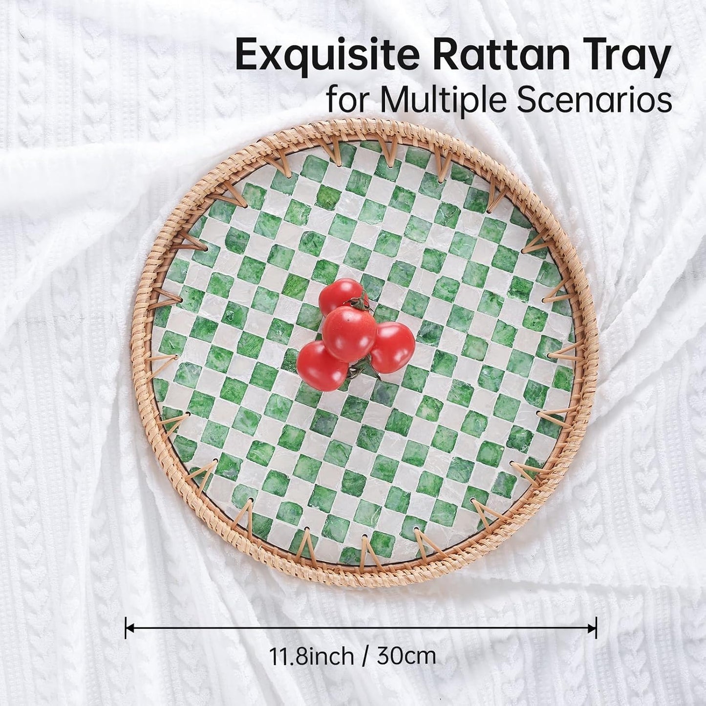 Round Rattan Tray with Mother of Pearl Inlay, Rattan Serving Tray for Coffee, Bread, Fruits, Decorative Wicker Tray for Table Decor, Home Decor, Kitchen Island Decor(Black Checkerboard, 11.8")