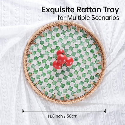 Round Rattan Tray with Mother of Pearl Inlay, Rattan Serving Tray for Coffee, Bread, Fruits, Decorative Wicker Tray for Table Decor, Home Decor, Kitchen Island Decor(Black Checkerboard, 11.8")