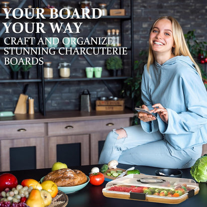 Charcuterie Board with Clear Lid and Handle, 6-Compartment Portable Serving Tray, 11 x 14 Inches, Plastic and Bamboo, Housewarming Gift, Cutting Board, Cheese Board for Serving and Outdoor Dining