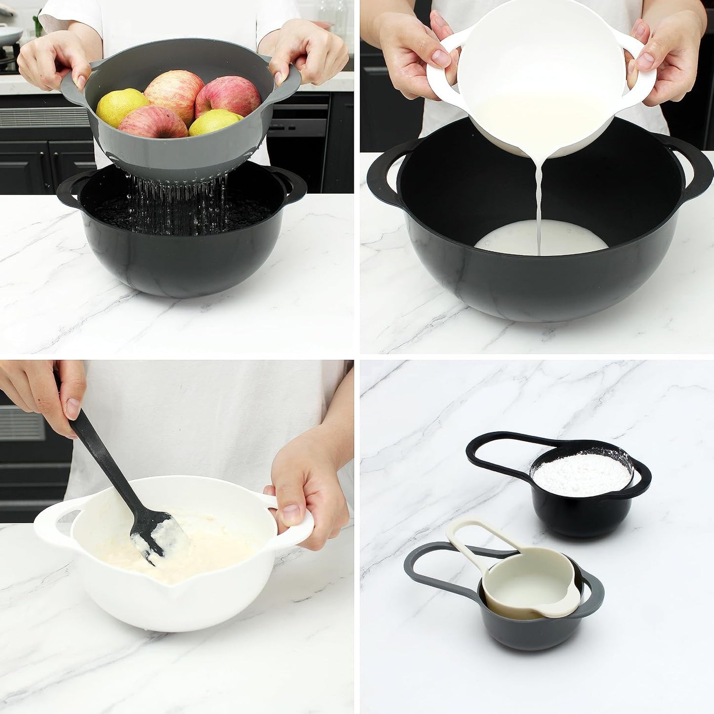 COOK WITH COLOR Nesting Bowls with Measuring Cups Colander and Sifter Set - Includes Mixing Bowls, Colander, Sifter and Measuring Cups, Navy, 8 Pc Bowl