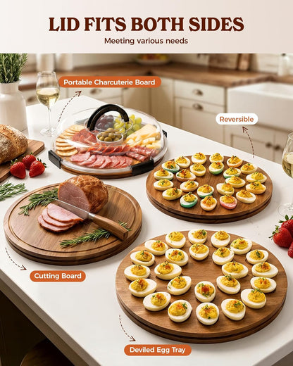 Sevenblue Acacia Wood Deviled Egg Containers with Lid and Handle, Portable Deviled Egg Platter for Easter, Potlucks & Party, Reversible Charcuterie Board Cutting Board