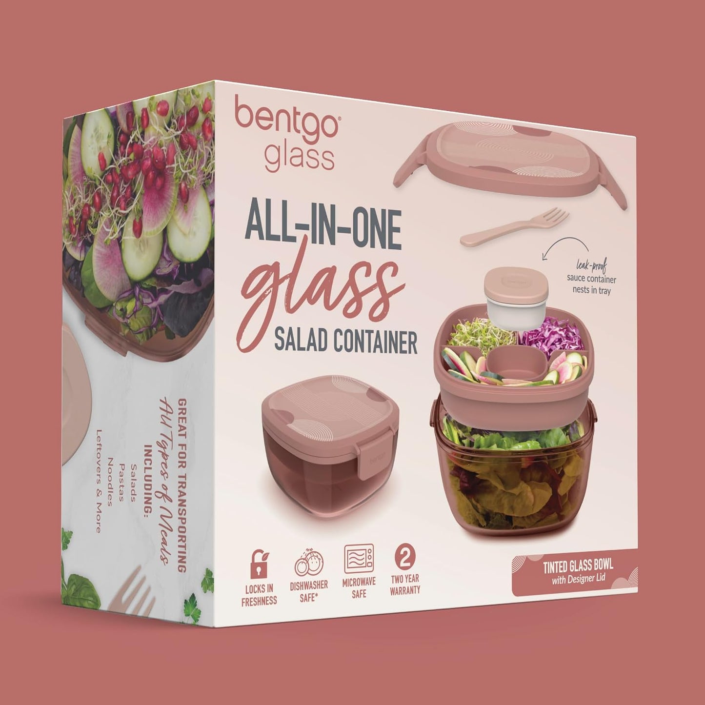 Bentgo Glass Salad Container - 7.6-Cup Salad Bowl with Airtight Lid, Leak-Proof Sauce Container, 4-Compartment Bento Tray & Reusable Fork - BPA-Free for Meal Prep, Office & More (Light Blue)