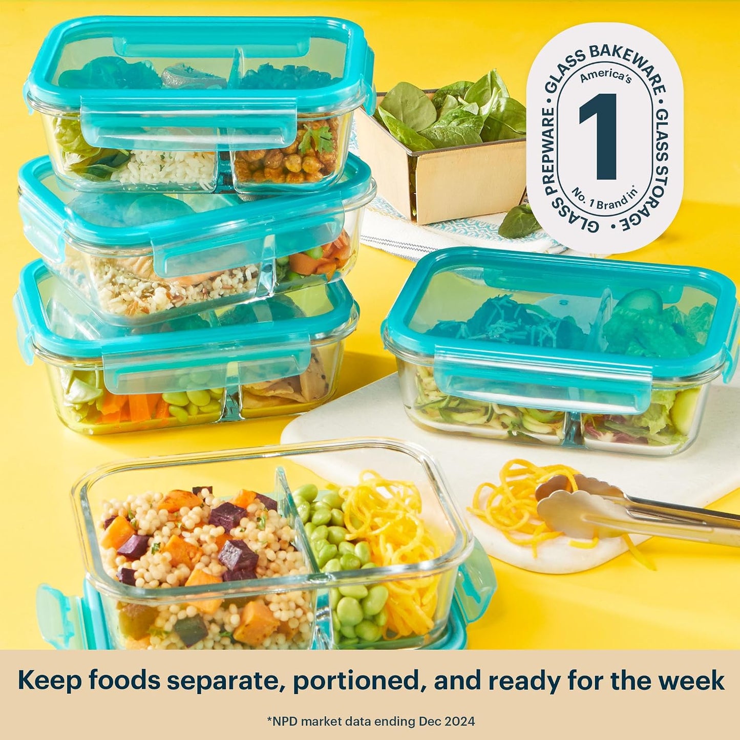 Pyrex Glass Meal Box (5-Pack, 2.3 Cup) Divided Compartments with Locking Lids, For Meal Prepping and Portioning, BPA Free Microwave Dishwasher Safe