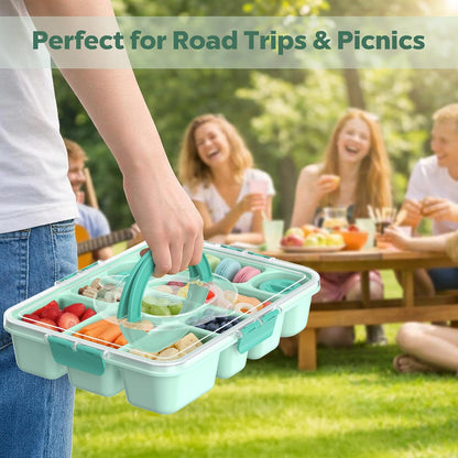 Snackle Box Container for Adults with 10 Compartment, Divided Serving Tray with Lid and Handle and 2 Sauce Containers, Portable Snack Box Container for Charcuterie Party Travel, Purple