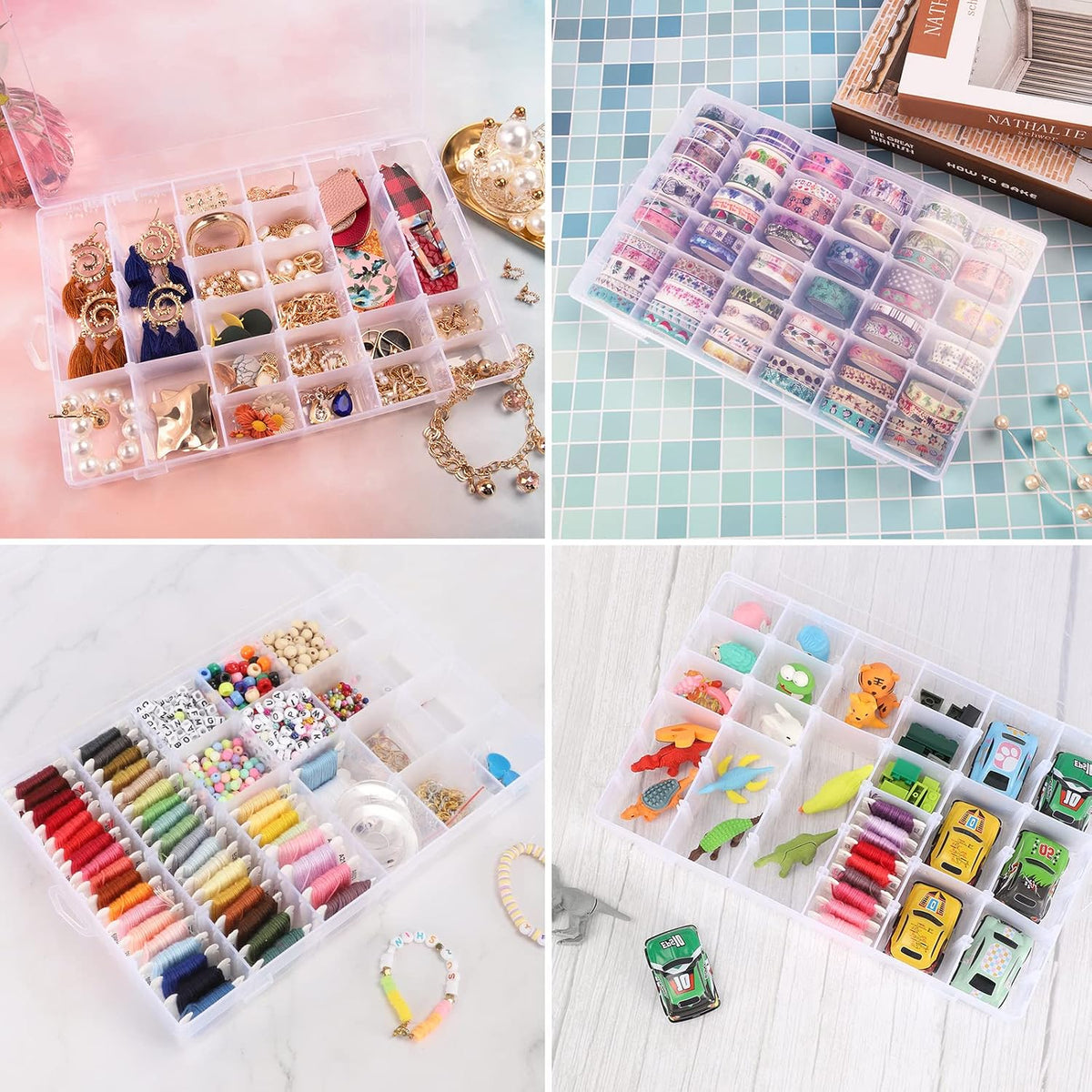 2 Pack Clear Bead Organizer Tackle Box with Adjustable Dividers for Jewelry Art Craft Containers 36 Grids Compartment with 5 Sheets Label Stickers