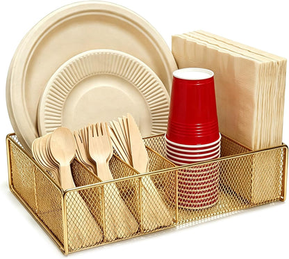 Paper Plate Organizer for Countertop - Metal Utensil Caddy Silverware Holder Cutlery Flatware Plastic Spoon Fork Plates Napkins Cup Storage Dispenser Party Picnic Essentials Camping Supplies
