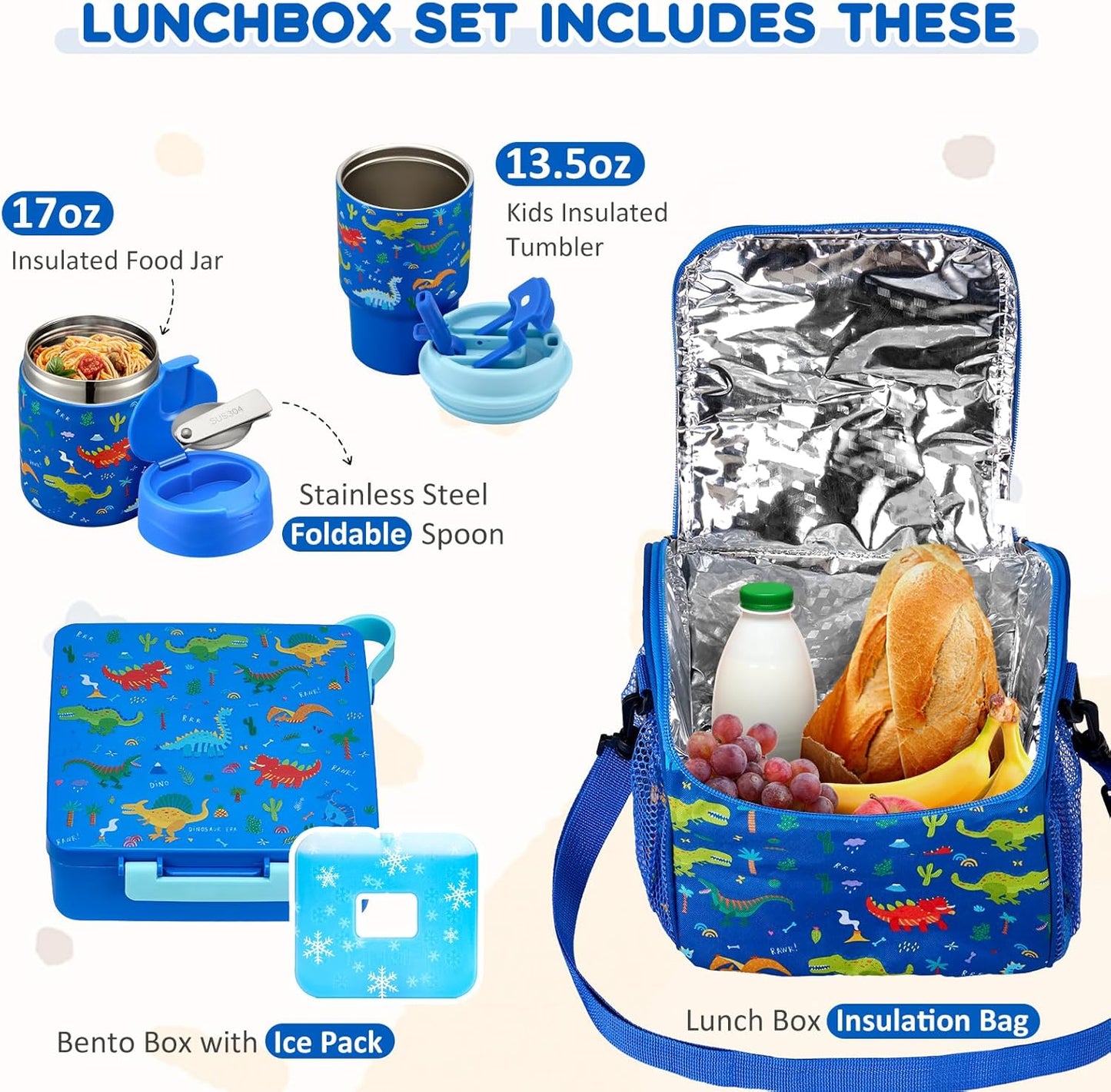 Pawtong Lunch Box Set with Bento Box Container, 17OZ Stainless Steel Food Soup Thermo, Kids Water Bottle & Portable Insulated Lunch Bag, Leakproof, Hot/Cold Retention for School, Travel (Purple-Horse)