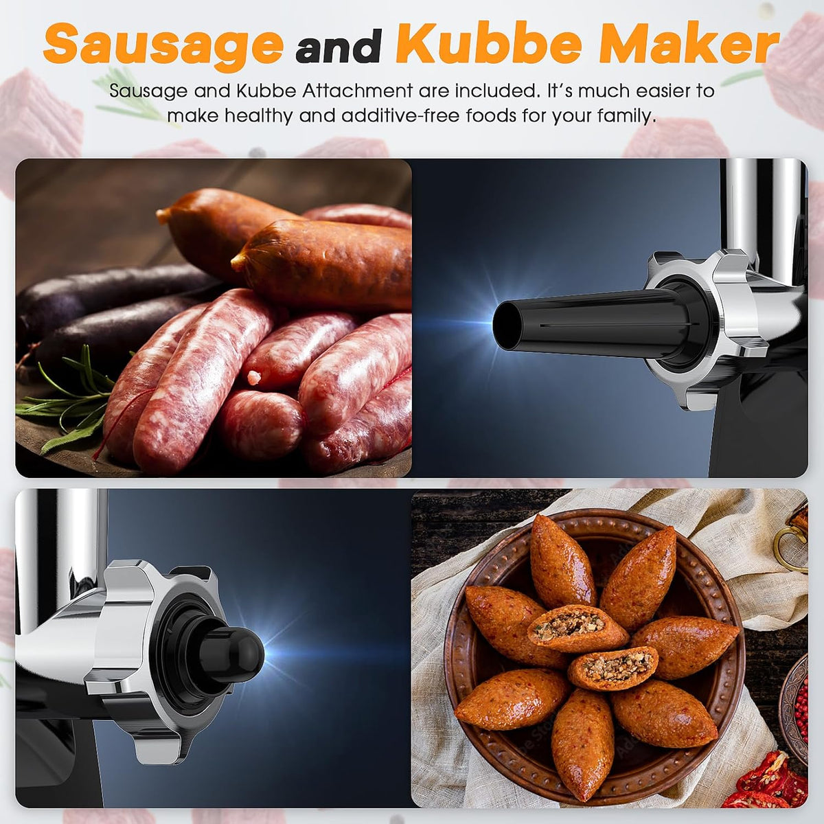 Electric Meat Grinder, 2000W Max Sausage Stuffer Maker, Vegetable Cheese Grater with 3 Shredder Slicer Blades, 2 Blades, 3 Plates, Sausage Tube, 2 Meat Claws, Burger Press & Kubbe Kit