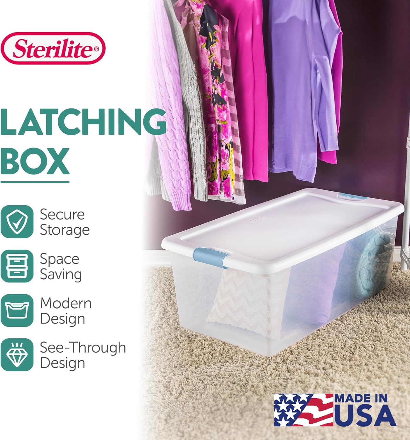 Sterilite 6-Pack Latching Box, Under Bed Storage Bins with Lids, Clear Plastic, 25 Quart - Heavy-Duty Organizing Containers for Closet, Bathroom, and Office