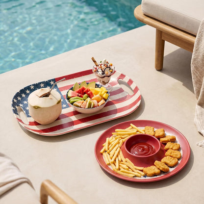 Kingen American flag Patriotic theme party supplies, 18'' Rectangle and 13'' Round Set of 2 Extra-Large Bamboo Serving Trays, Independence Day, Reusable and Dishwasher Safe