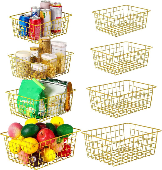 Leinuosen 8 Pcs Gold Wire Basket Set Metal Gold Storage Baskets for Pantry Wire Storage Bins with Handles Assorted Sizes Organizing Basket for Kitchen Living Room Bathroom Laundry Table Countertop