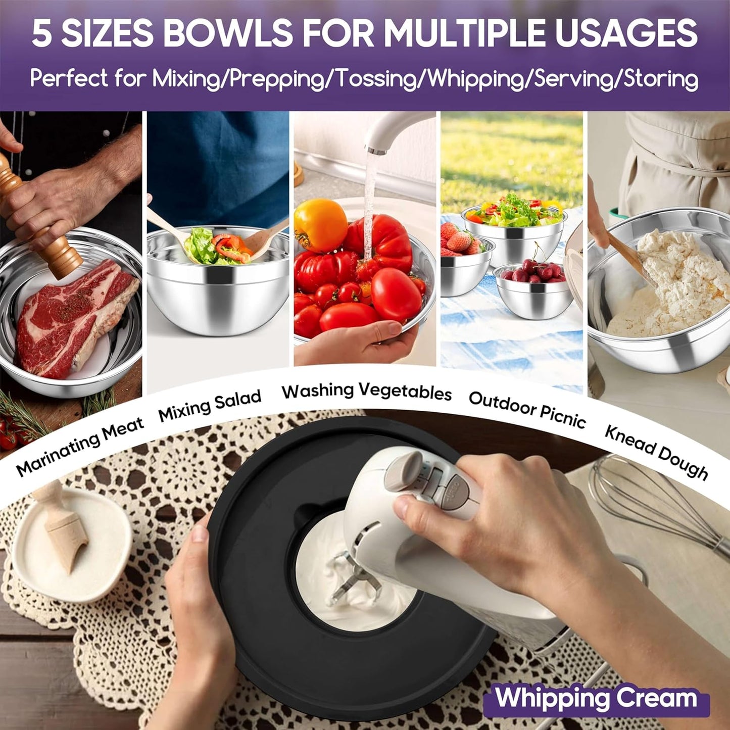 Herogo 5-Piece Mixing Bowls with Airtight Lids, 3 Grater Attachments, Stainless Steel Salad Serving Bowls for Kitchen, Size 4.6, 3.5, 2.5, 2, 1.5QT Ideal for Prepping & Cooking, Black