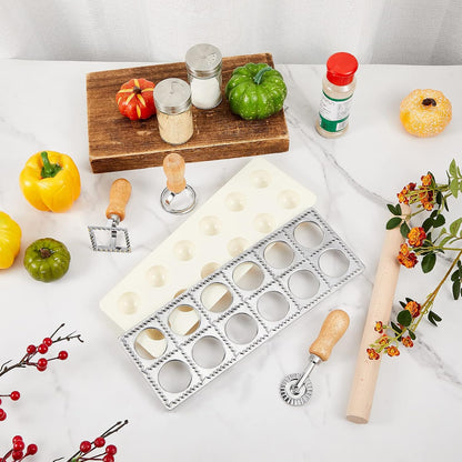 Geetery 5 Pcs Ravioli Mold Set 2 Inch Square Ravioli Maker Cutter Kit with 12-Hole Raviolis Press 3 Pasta Cutter Stamps Wooden Rolling Pin Pasta Making Tool for Homemade Raviolis Home Restaurant Use