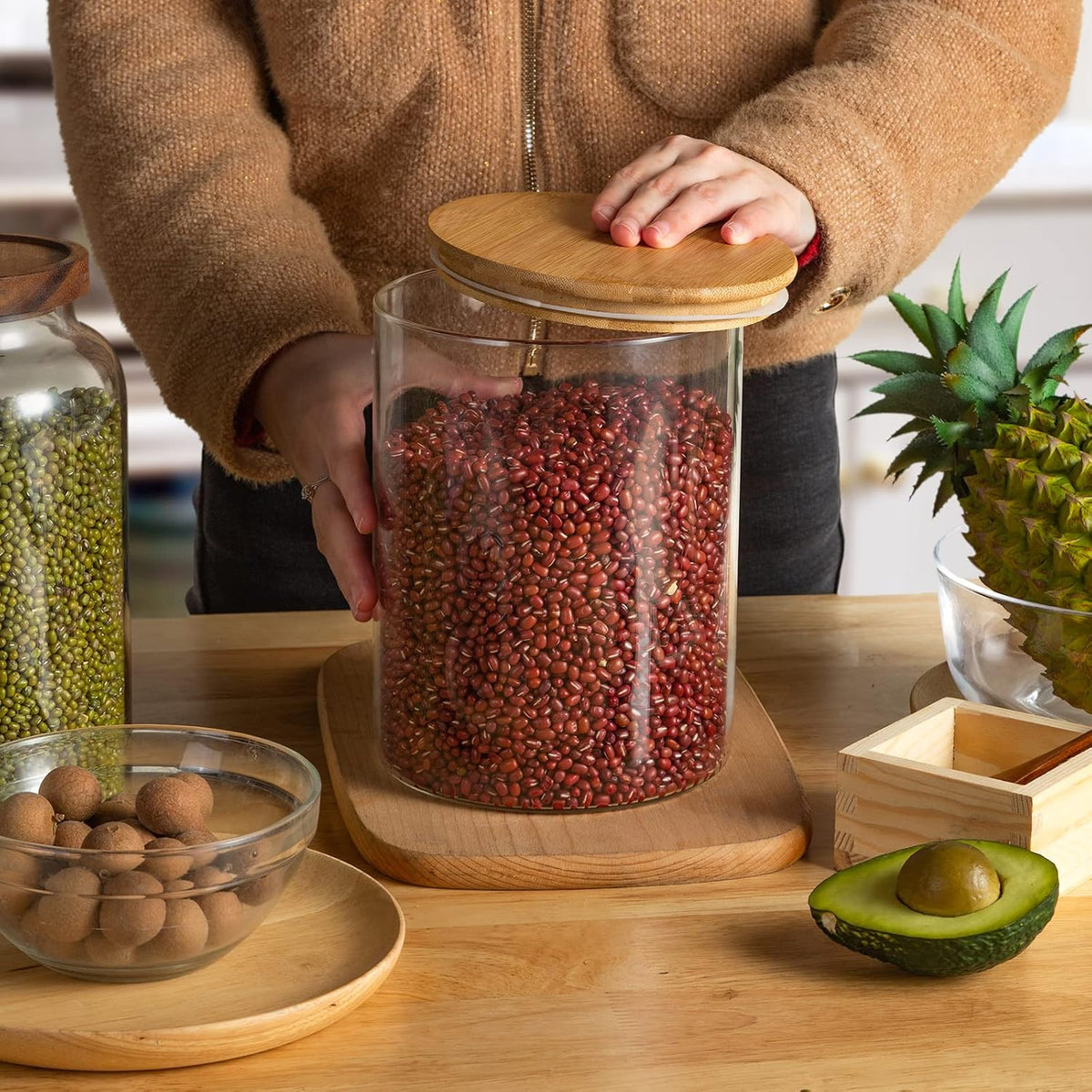 Glass Food Storage Jars 37 oz Set of 6,Glass Storage Containers Clear Glass Food Canister with Bamboo Lid Airtight For Serving Tea, Coffee, Flour, Sugar, Candy, Cookie, Spice and More (Square)