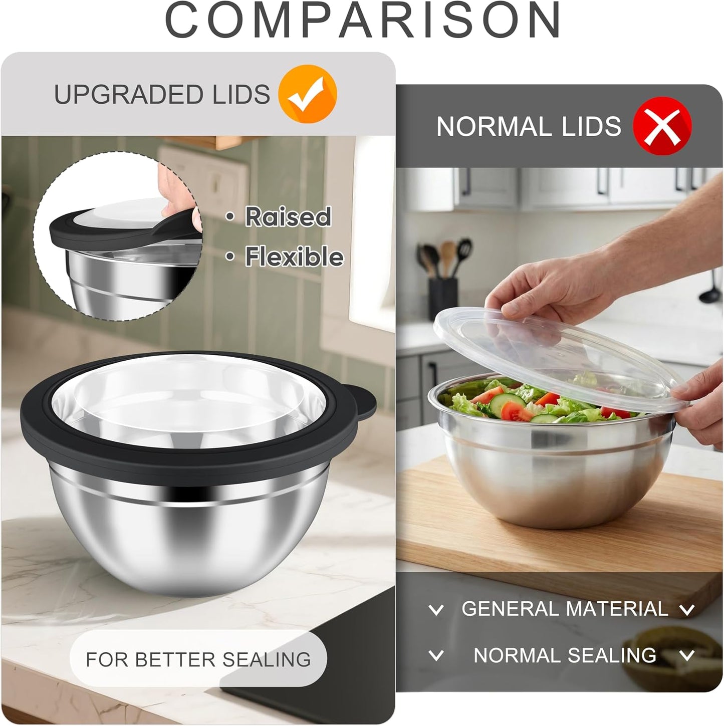 HaWare Mixing Bowls with Airtight Clear Lids, 6-Piece Stainless Steel Strong Nesting Bowls Set, Metal Salad Bowl for Cooking, Prepping, Baking, Serving & Food Storage, Size 4.6, 3, 1.5QT, Khaki