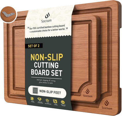 3 Packs Bamboo Cutting Board Set with Non Slip Feet Holder and Over Sink Nice Solid Thick Wood Juice Groove Chopping Board Extra Large Big Small Best Hardwood Kitchen Organic Vegetable Meat BBQ Kit