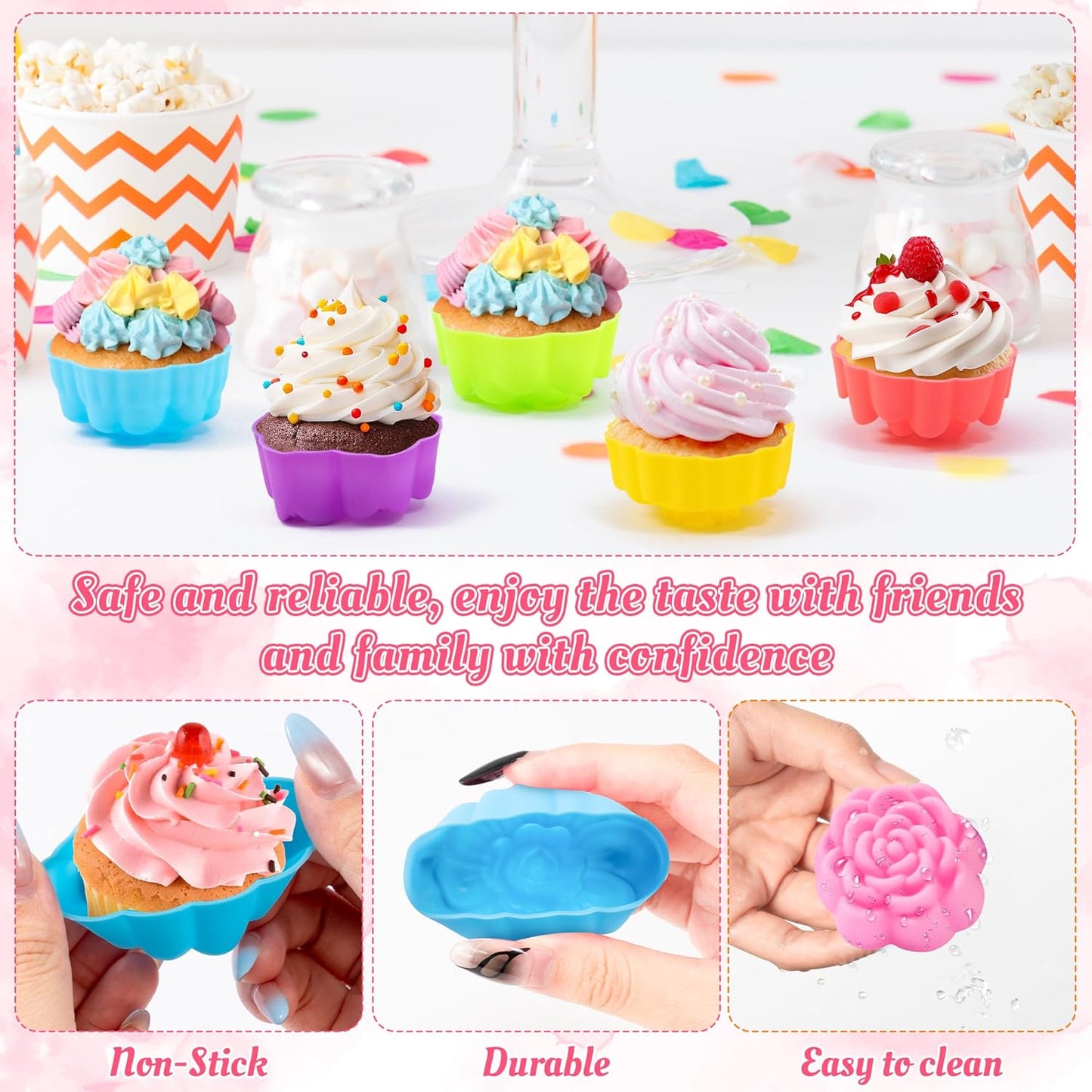 R HORSE 42Pcs Silicone Molds Cupcake 2 Inch Mini Size Reusable Muffins Liners Washable Non-Stick Donut Wrapper Mold Flower Shapes Baking Cups for Pan Oven Microwave Dishwasher