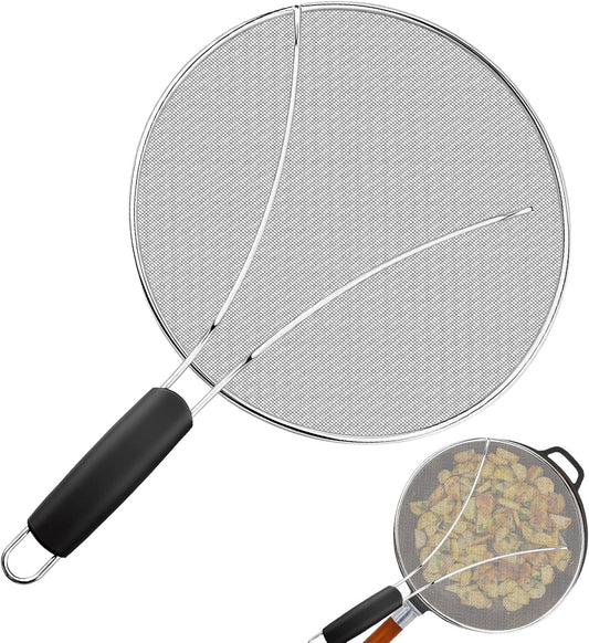 Splatter Screen for Frying Pan - 10’’ Stainless Steel Grease Splatter Guard with Grip Handle- Ultra Fine Mesh Cover Oil Splash when Sizzling Bacon, Cooking Fried Chicken or Popcorn