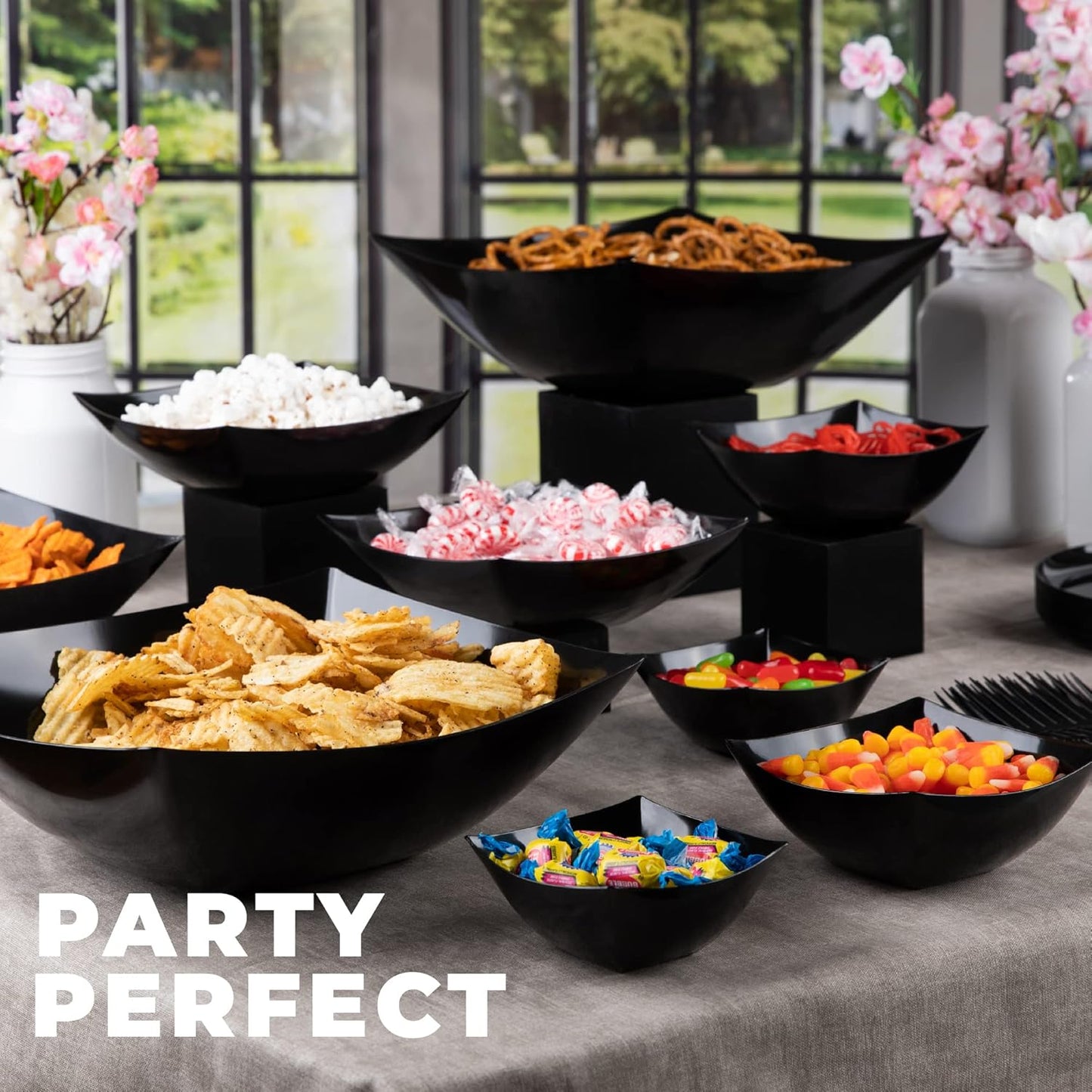 PLASTICPRO Disposable Square Serving Bowls, Party Snack or Salad Bowl, Plastic Clear or White Pack of 4 (16 OUNCE, White)
