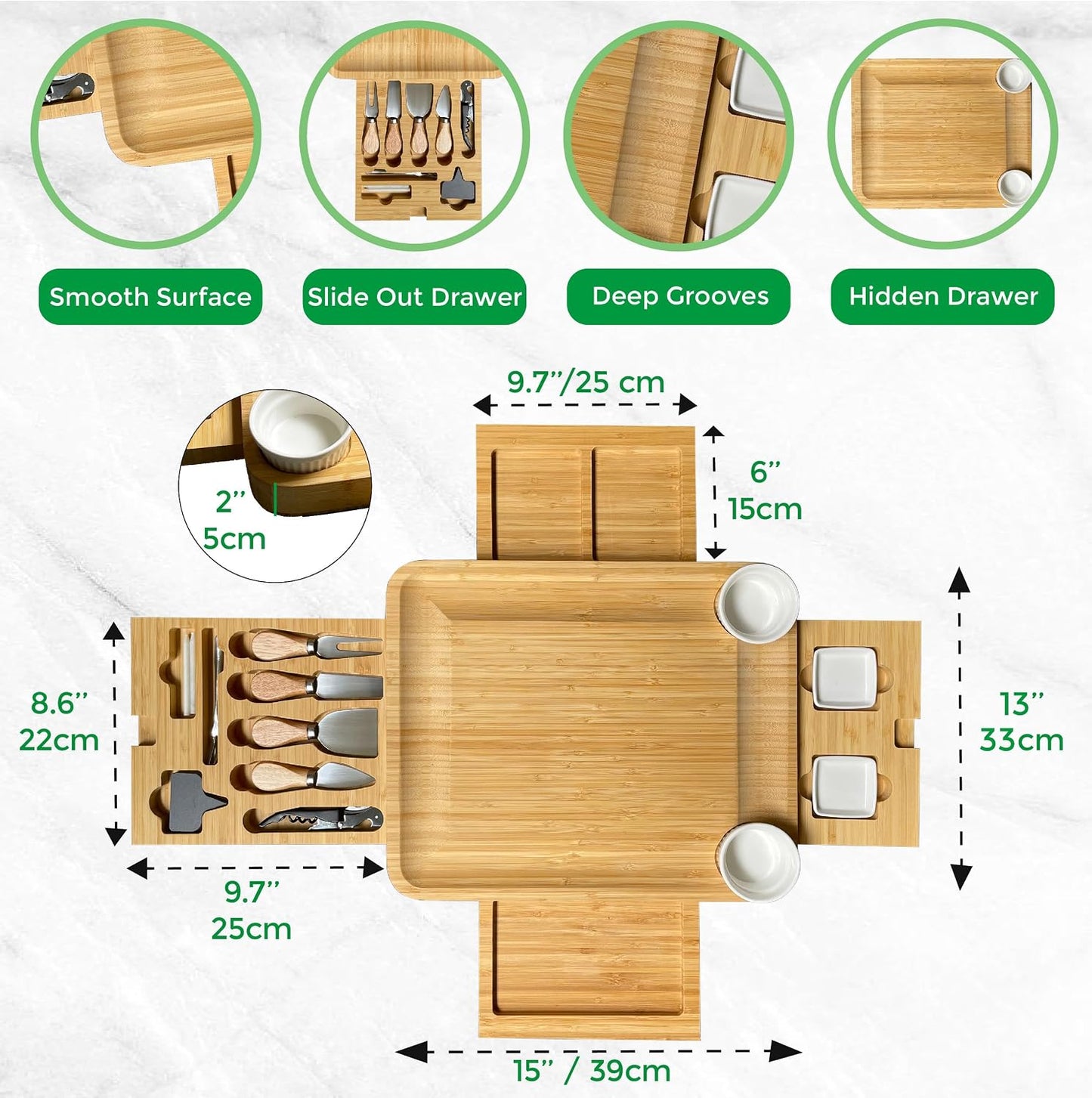 Custom 4-Drawer Bamboo Cheese Board with Utensils Set, Personalized Charcuterie Boards Gift Set, for Kitchen & Entertaining,Wedding,Bridal Shower,Birthday Gift,Housewarming Gift