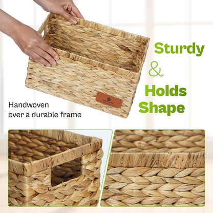 Water Hyacinth Storage Baskets Set of 2 with Handles, Rectangular Storage Baskets for Shelves, Open-Top Wicker Shelf Baskets for Closet, Bathroom, Pantry & Home Organization