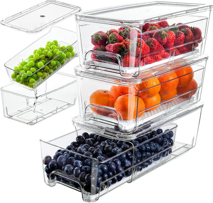 4-Pack Stackable Fruit Storage Containers for Fridge | Pull-Out Drawer Organizer Bins, With Lids & Drain Tray, Keep Fresh, Removable Refrigerator Container for Berry, Veggie, Drink