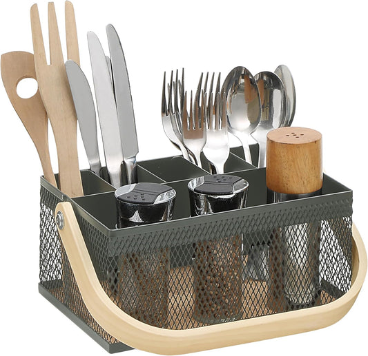 SunnyPoint Utensil Caddy with Plywood Handle – Metal Mesh Silverware & Cutlery Organizer for Kitchen, Picnic, Party, Restaurant & Events (BLUE)