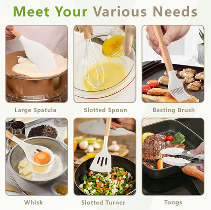 SAKAMOSH Silicone Cooking Utensils Set with Holder, 12 Pcs Heat Resistant Kitchen Utensils Set with Wooden Handle, BPA-free Spatula, Tongs, Spoons Set for Nonstick Cookware, Black