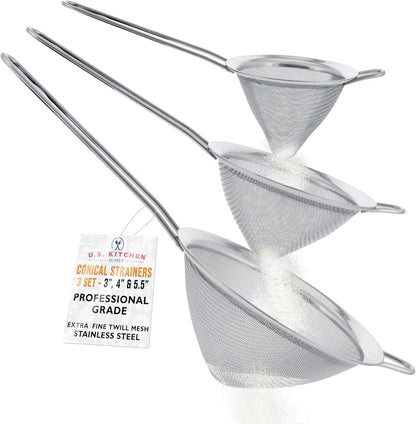 U.S. Kitchen Supply Set of 3 Stainless Steel Conical Strainers 3", 4", 5.5"