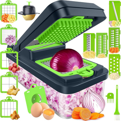 SpaceHacks 12-in-1 Vegetable Chopper, Kitchen Gadgets with 7 Blades, Veggie, Food, Onion Chopper, Cucumber Slicer, Versatile Mandoline, Includes Egg Separator & Finger Guard, Gray