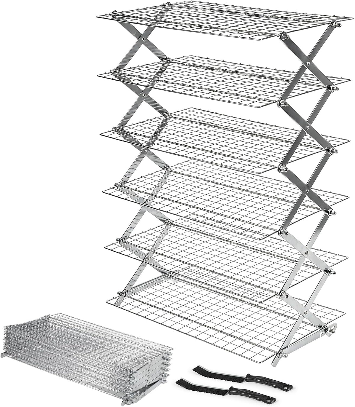 6 Tier Upgraded Collapsible Cooling Rack with Adjustable 3 Setting Design, Stackable Baking Rack with Clean Brush, Roasting Cooking Drying Wire Cooling Rack for Cookies Baking Roasting ＆ Grilling