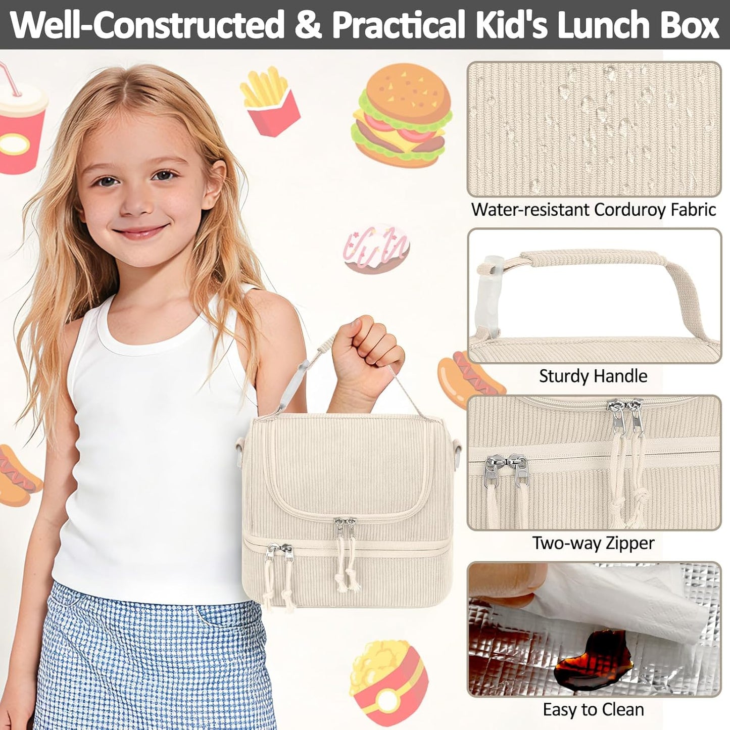 Vankor Corduroy Lunch Box Kids Insulated Lunch Bag Double Decker, Cute Leak-Proof Lunch Box for Boys Girls, Portable Cooler Lunch Bag Thermal Lunch Tote for School Picnic Travel, Light Blue