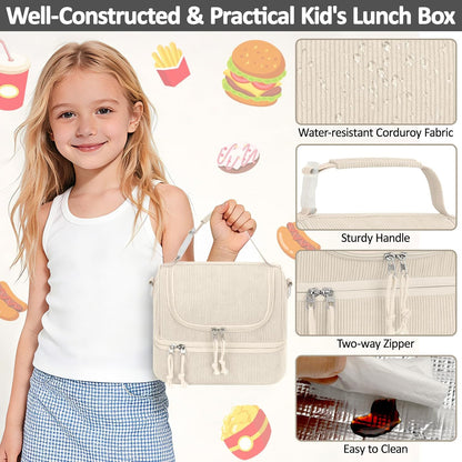Vankor Corduroy Lunch Box Kids Insulated Lunch Bag Double Decker, Cute Leak-Proof Lunch Box for Boys Girls, Portable Cooler Lunch Bag Thermal Lunch Tote for School Picnic Travel, Light Blue
